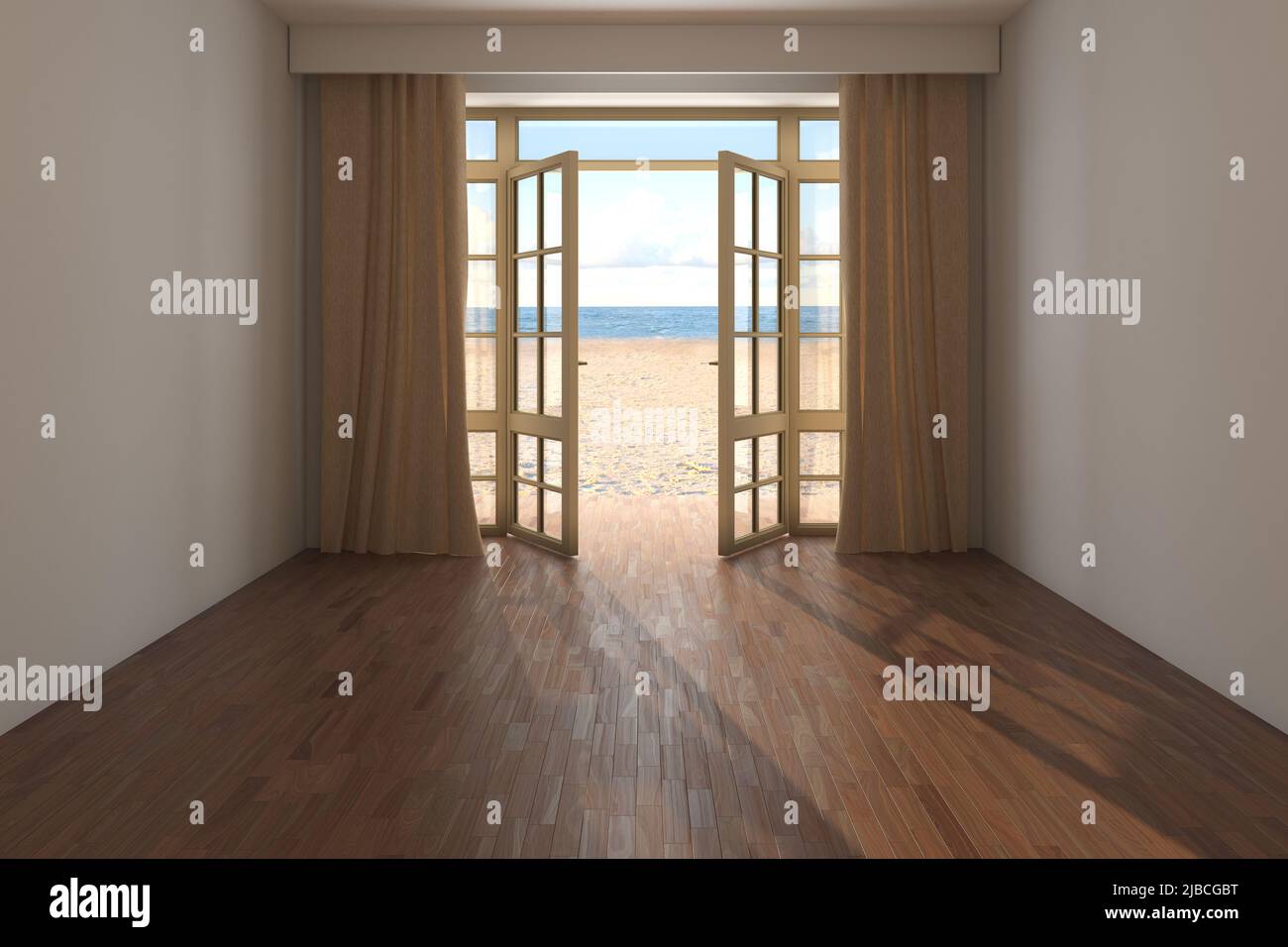 Chambre d'hôtel non meublée avec vue sur la mer près de la plage. Intérieur avec porte ouverte donnant sur l'océan, rideaux beige, sable jaune et nuages. Parquet sombre et murs en stuc beige. 3D rendu Banque D'Images