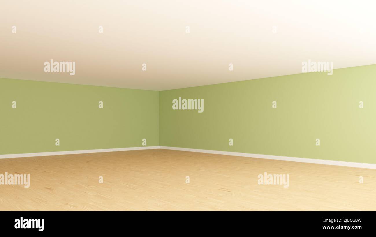 Coin intérieur vide avec murs vert clair, plafond blanc, parquet clair et un Plinth blanc. Chambre vide non meublée. Vue en perspective. 3D illustration, Ultra HD 8K, 7680x4320, 300 dpi Banque D'Images