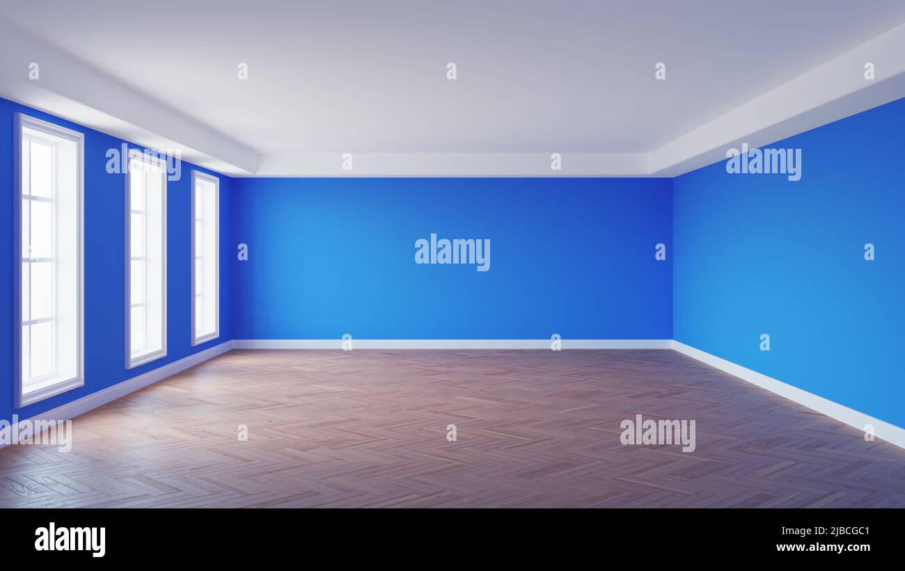 Belle chambre vide avec murs en stuc bleu, plafond blanc Cornice, trois grandes fenêtres, parquet et un Plinth blanc. 3D illustration avec un chemin de travail sous Windows. 8K Ultra HD, 7680 x 4320 Banque D'Images