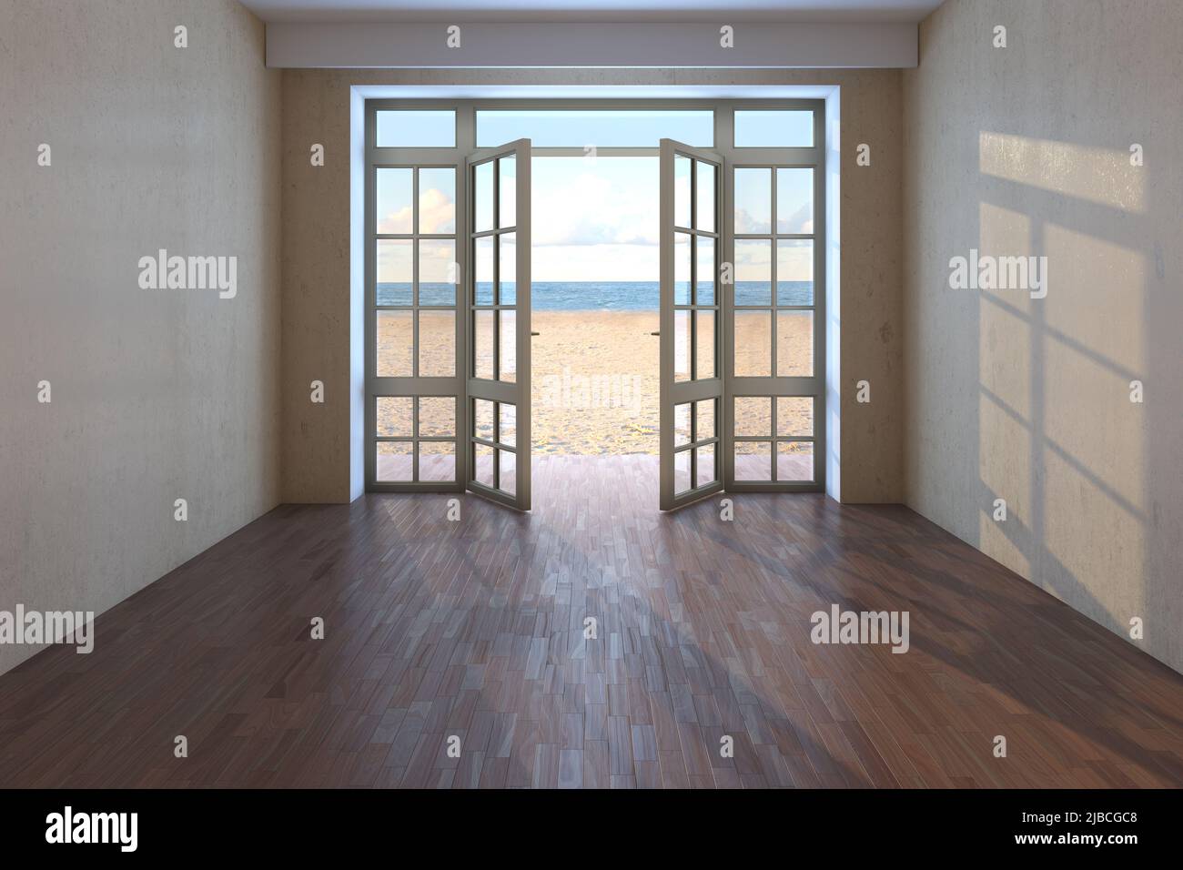 Chambre d'hôtel vide avec vue sur la mer près de la plage. Chambre non meublée avec portes ouvertes donnant sur l'océan, le sable jaune et les nuages. Parquet sombre et murs en stuc beige. 3d rendu. 8K Ultra HD Banque D'Images