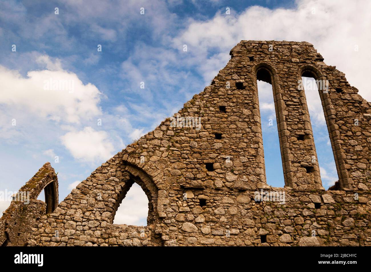 Les fenêtres lancette et les arcs pointus gothiques de l'abbaye de Castledermot ruinent le friaire franciscain de Casteldermot, en Irlande. Banque D'Images