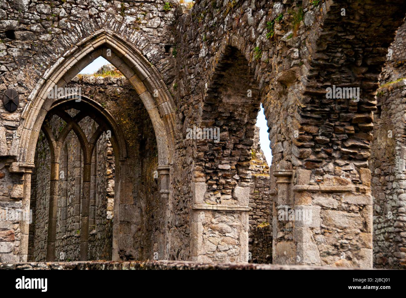 La tracerie et les arches gothiques pointues à l'abbaye de Castledermot ruines de la friary franciscaine à Casteldermot, en Irlande. Banque D'Images