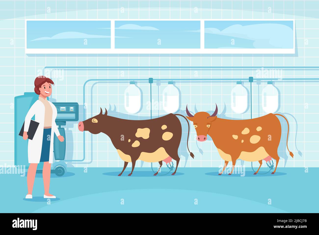 Vaches de traite mécanisées composition plate avec décor intérieur et personnage de femelle de doodle avec animaux et illustration de vecteur de machine Illustration de Vecteur