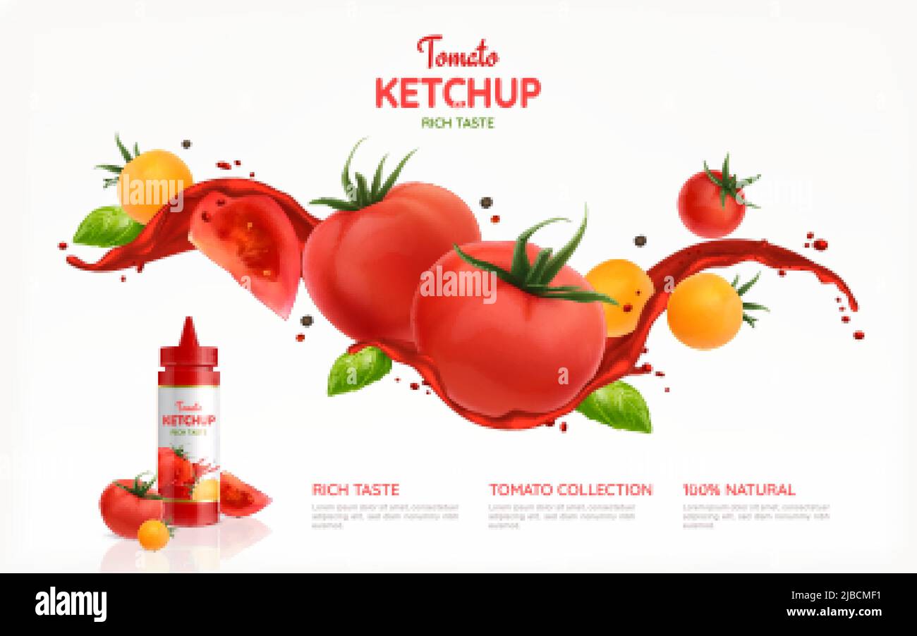 Affiche réaliste de ketchup de tomates avec illustration vectorielle de