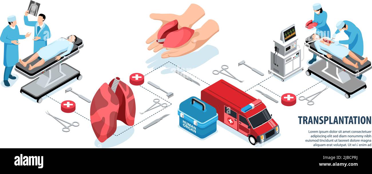 Infographies isométriques des organes humains donneurs avec texte modifiable et icônes isolées de l'équipement chirurgical et illustration vectorielle des médecins Illustration de Vecteur