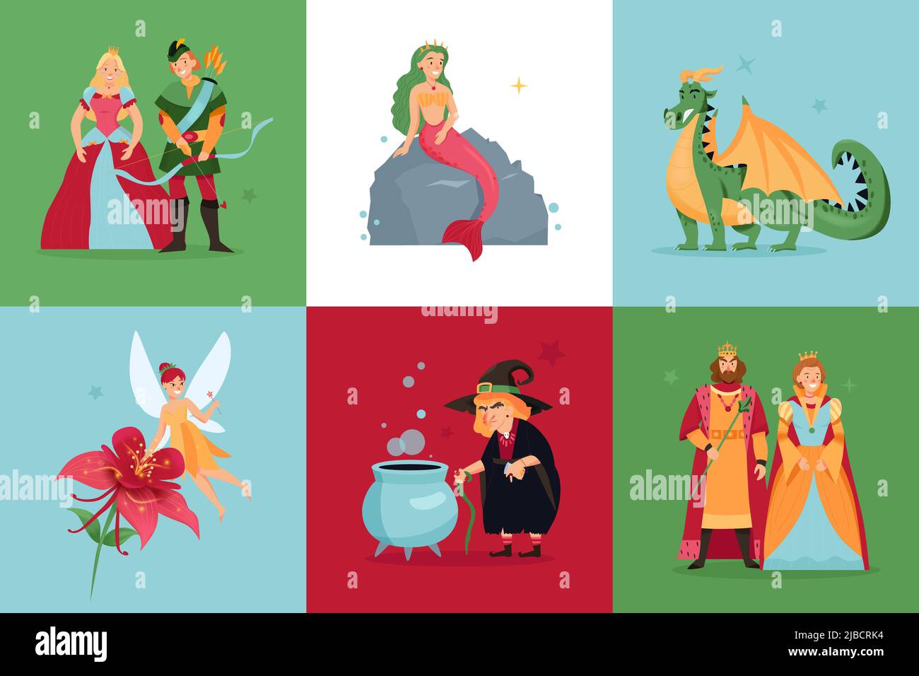 Personnages de conte de fées concept ensemble de six icônes carrées de couleur avec l'illustration vectorielle de la sirène d'orf gnome famille royale membres Illustration de Vecteur