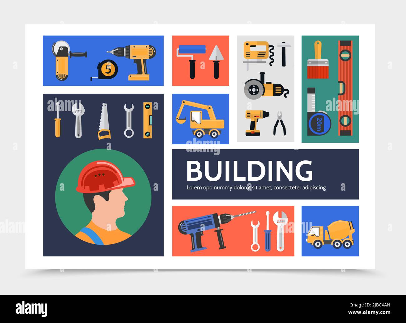 Construction de bâtiments plats modèle d'infographie avec meuleuse de constructeur visseuse à meuler à pinceau pince à roulette clé niveau scie pelle à roulette co Illustration de Vecteur