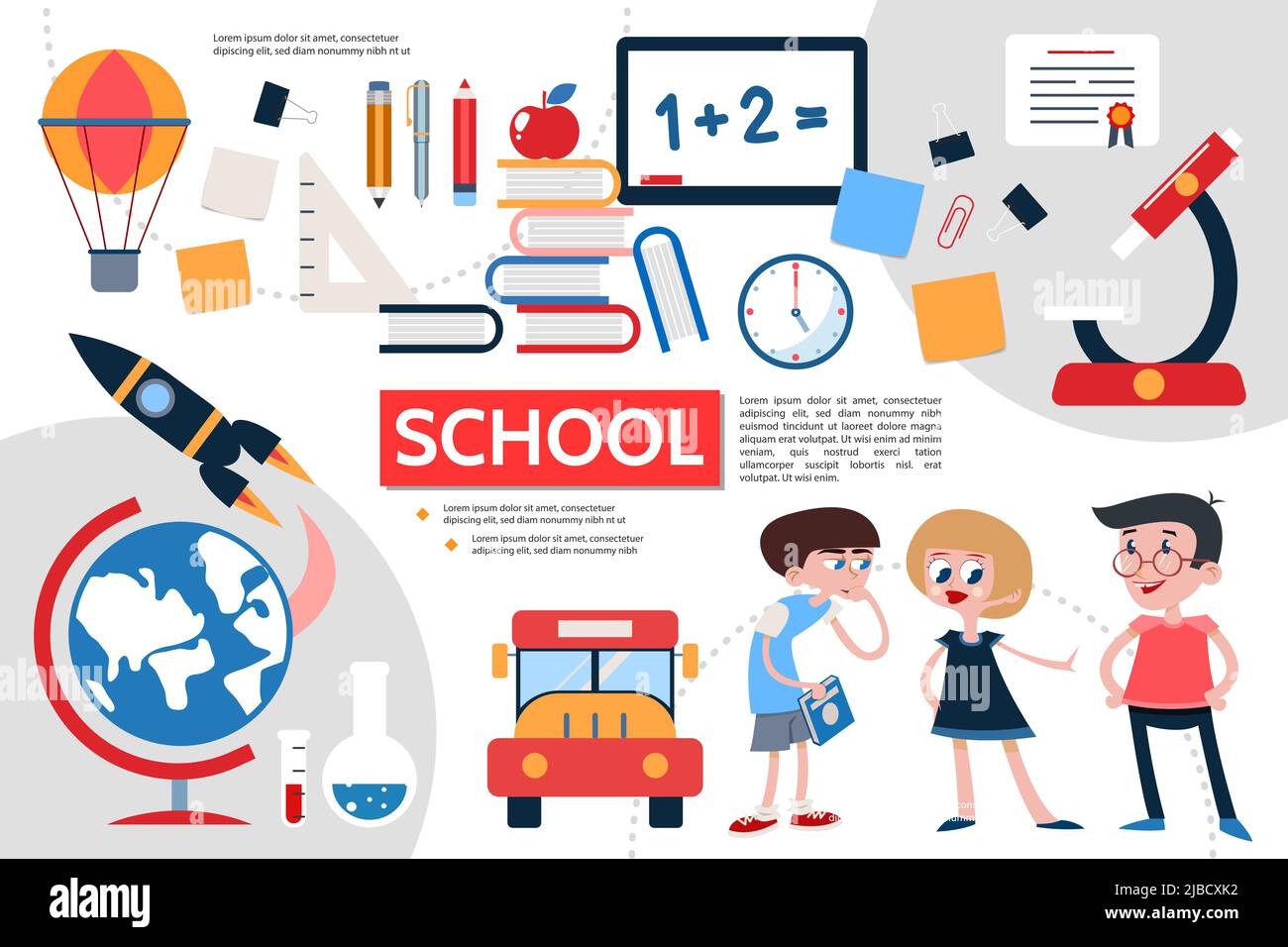 École plate concept infographie avec élèves roquette globe bus microscope règle papeterie livres pomme tableau horloge autocollants certificat clips air montgolfière Illustration de Vecteur