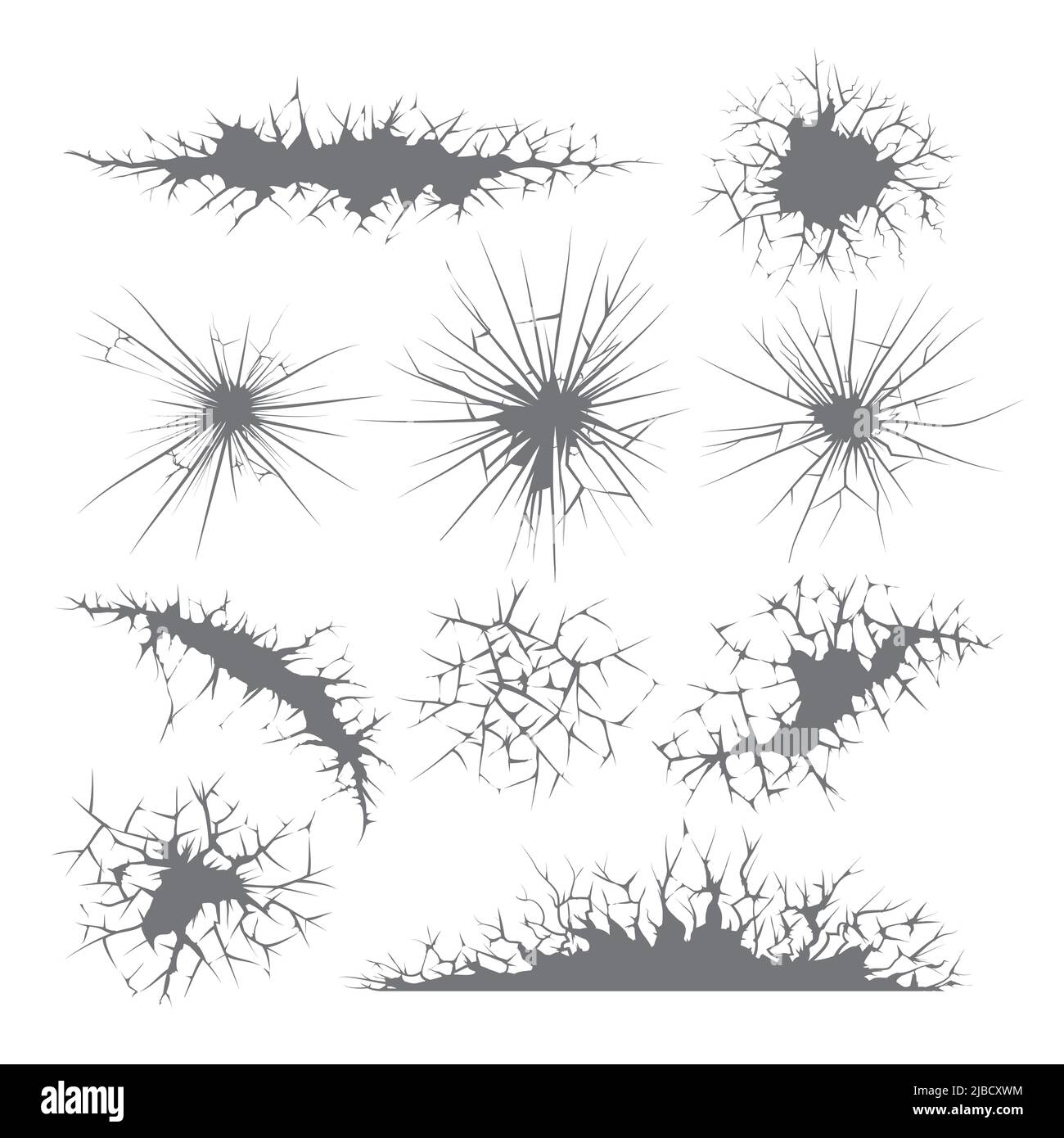 Fissures dans le mur, les panneaux de verre et la rupture de la terre. Fissures vectorielles. Illustration de la fente de masse, fissure de surface Illustration de Vecteur