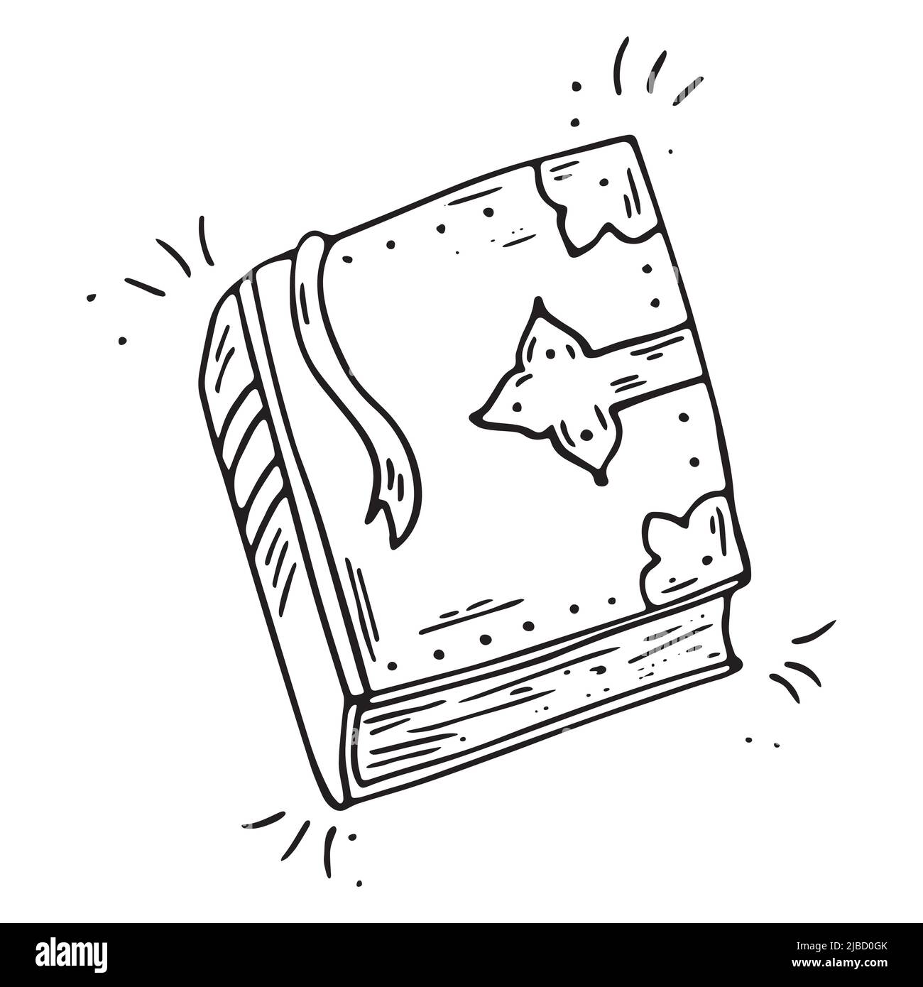 Dessin à la main de vecteur Doodle Magic Book caricature. Assistant livre de sorts. Vieux livre. Illustration de Vecteur