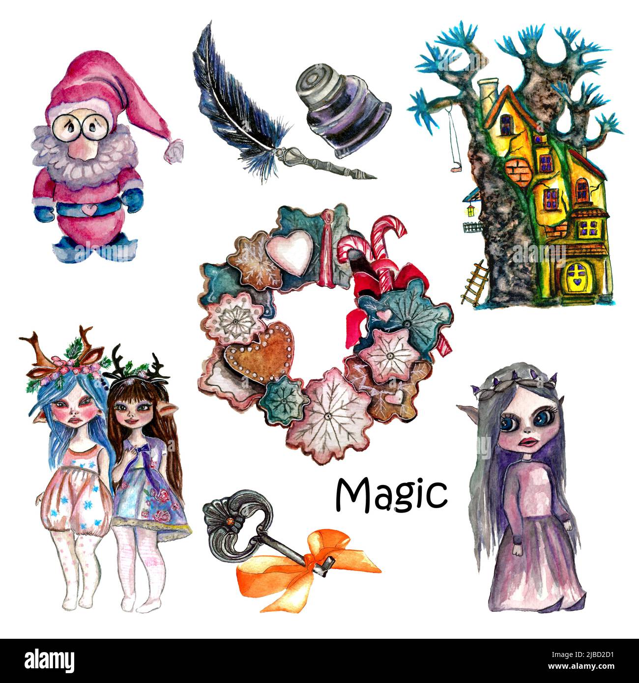 Aquarelle clip art de la maison fabuleuse, nains et elfes, couronne douce, isolé, agréable pour les livres d'enfants, autocollants, cartes de Noël Banque D'Images