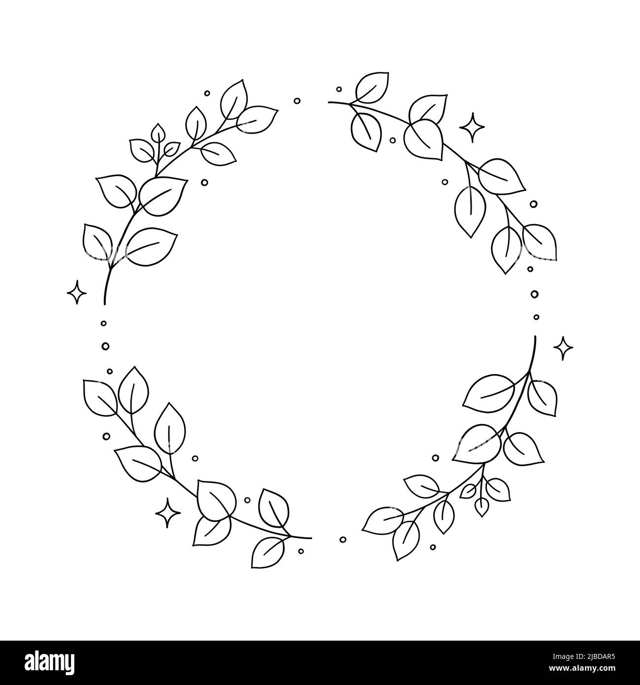 Couronne à fleurs avec feuilles. Plante cadre rond avec branche d'arbre. Illustration d'une petite ligne dessinée à la main. Couleur noir et blanc Illustration de Vecteur