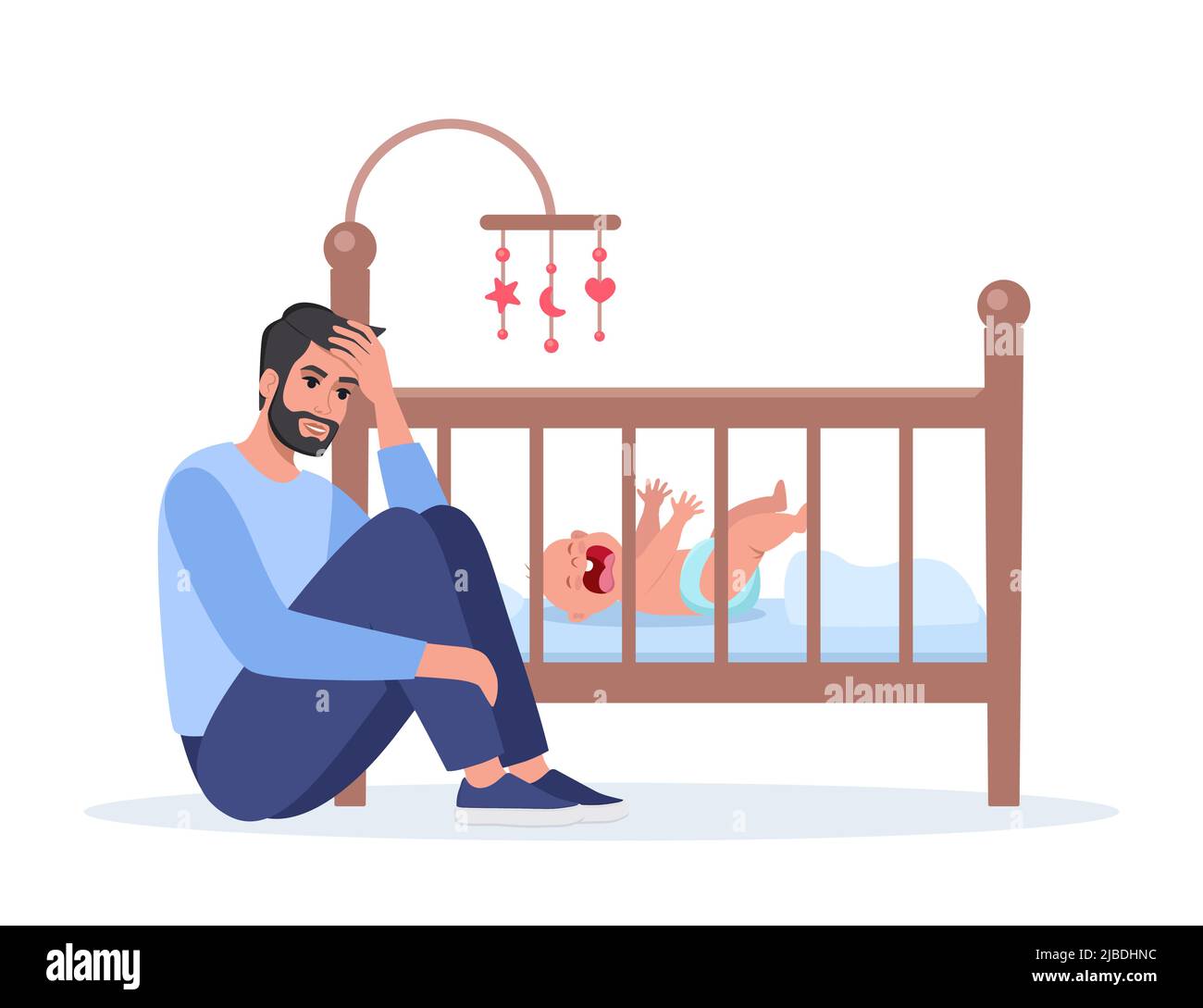 Un Jeune Papa Fatigué La Nuit Avec Un Bébé Qui Pleure Sur Un Lit De Bébé.  Papa Malheureux, Épuisé Et Stressé, À Côté Du Berceau Du Nouveau-Né. L'enfant  Pleure Hystériquement Et Image