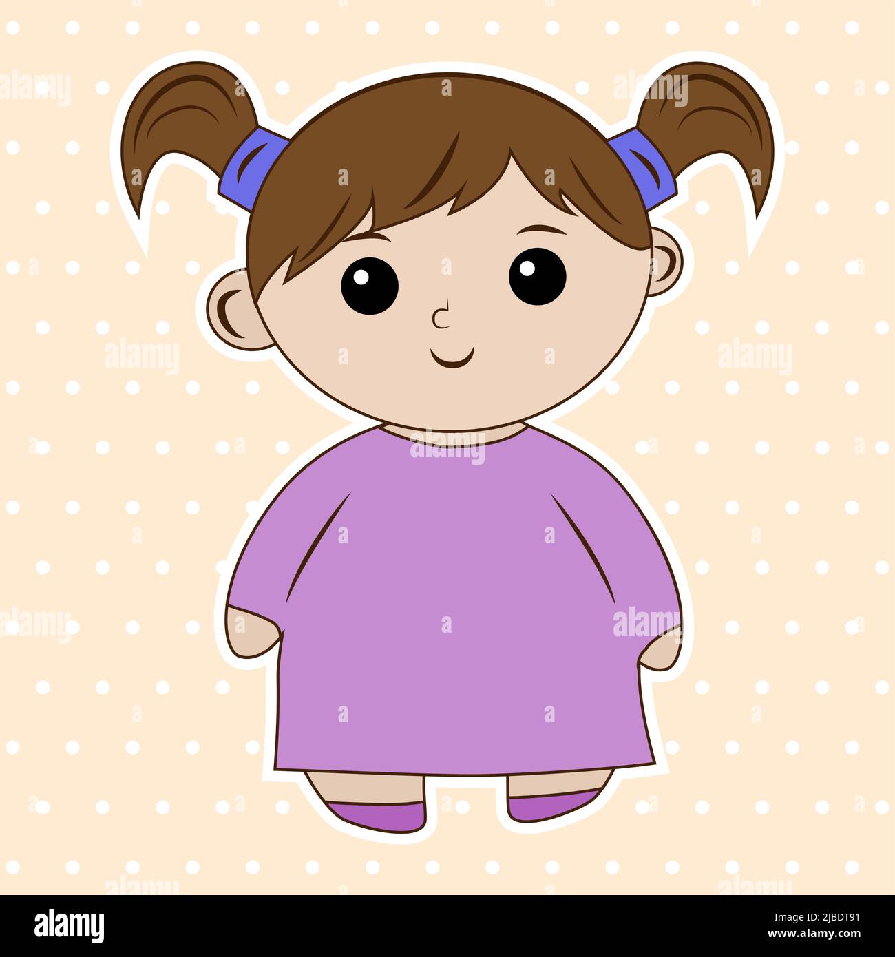 Jolie petite fille de dessin animé dans une robe mauve doux, simple dessin vectoriel plat Illustration de Vecteur