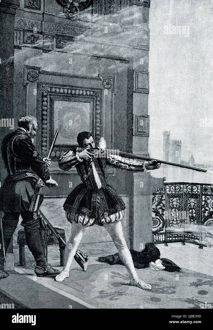 La légende de 1906 est la suivante : « CHARLES IX PENDANT LE SEGMENT ST. LE MASSACRE DE BARTHOLOMÉE.—cet horrible meurtre des protestants français a été consenti avec réticence par le jeune roi faible et malade. Une fois qu’il a commencé, on dit qu’il a été saisi par une frénésie, et debout devant son palais, il a saisi une arme, et avec un gardien l’aidant à recharger, il a tiré à plusieurs reprises sur les victimes en fuite. » Le massacre de Saint-Bartholomée s'est produit en 1572 à Paris, en France (Charles IX était roi). Elle a marqué le tournant des guerres de religion françaises (1562-1598), qui ont impliqué les assassinats du le Banque D'Images