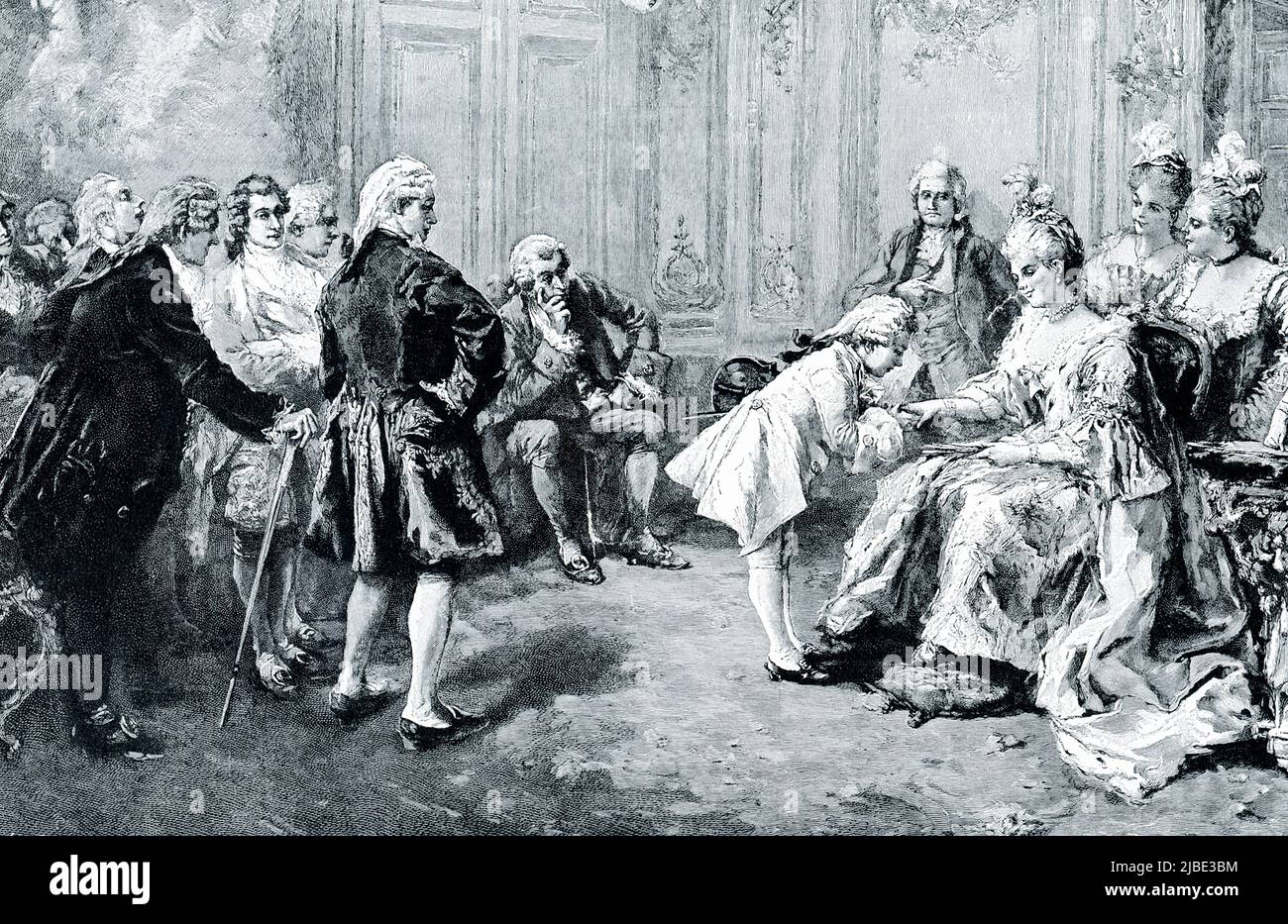 MOZART A PRÉSENTÉ À MADAME POMPADOUR.—dans la période la plus rusée de la cour française quand Louis XV s'assit sur le trône et sa maîtresse, Madame Pompadour, régna en son nom, elle fut traitée comme une reine. Les beaux-arts, y compris la musique, commençaient à s'épanouir en France, et le petit Mozart, qui fut ensuite le plus grand musicien de l'époque, fut présenté comme une prodige infantile. Bien qu'il ait six ans, il était déjà un pianiste merveilleux et un gentilhomme, en tournée à travers l'Europe avec son père. Léopold Mozart arrive à Paris sur 18 novembre 1763, avec ses deux enfants prodiges : Maria-Anna, connue sous le nom de N Banque D'Images