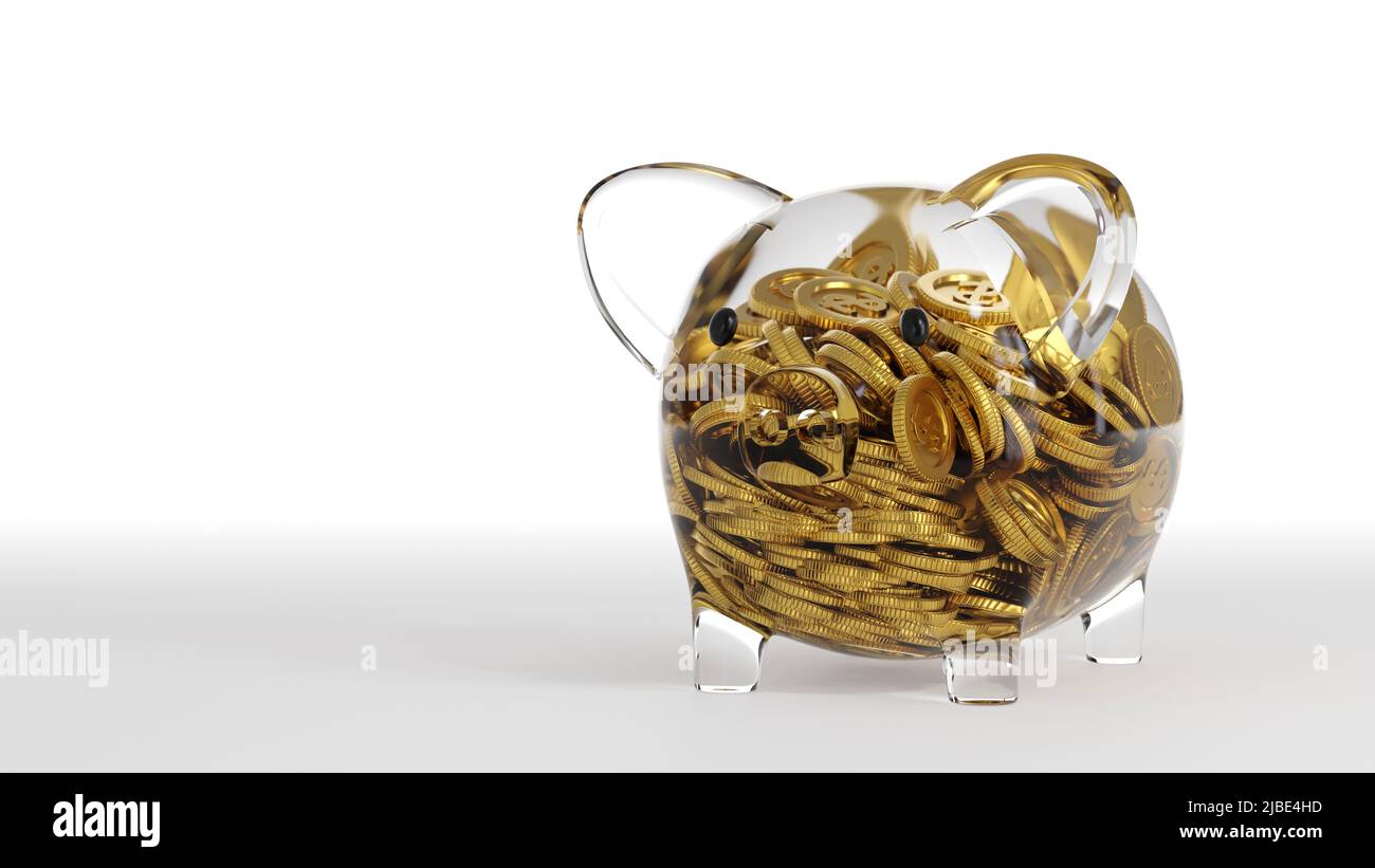 Banque de Piggy en verre avec pièce à l'intérieur, économiser ou d'argent ou d'ouvrir un concept de dépôt de banque, 3D rendu. Banque D'Images