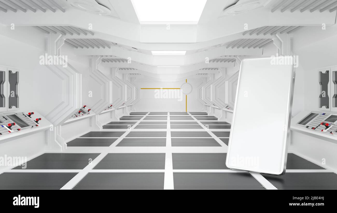 Smartphone dans le vaisseau spatial ou l'intérieur de station spatiale, Sci Fi tunnel, marché en ligne Internet de banque concept, 3D rendu. Banque D'Images