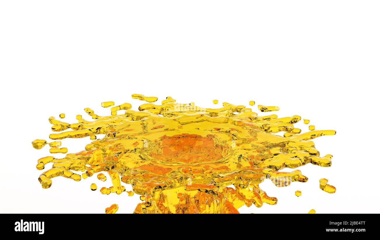 Jet d'eau liquide jaune ou jet d'eau avec goutte sur fond blanc, rendu 3D. Banque D'Images
