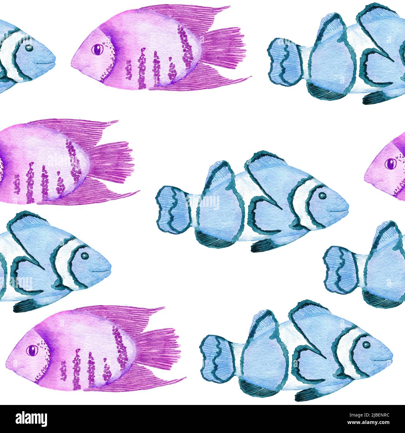 Aquarelle dessin à la main sans couture avec des animaux marins sous-marins coquillages poissons. Bleu-violet algues jellyfish, océan mer été vacances fond de plage, tissu turquoise imprimé Banque D'Images
