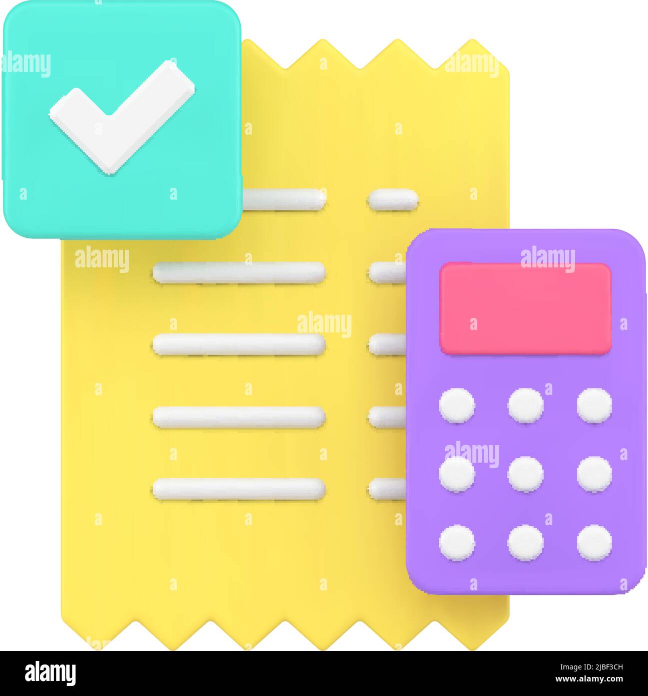 Chèque de paie papier brillant jaune avec calculatrice et coche réussie illustration réaliste 3D icône vectorielle. Document de solde financier de paiement Illustration de Vecteur