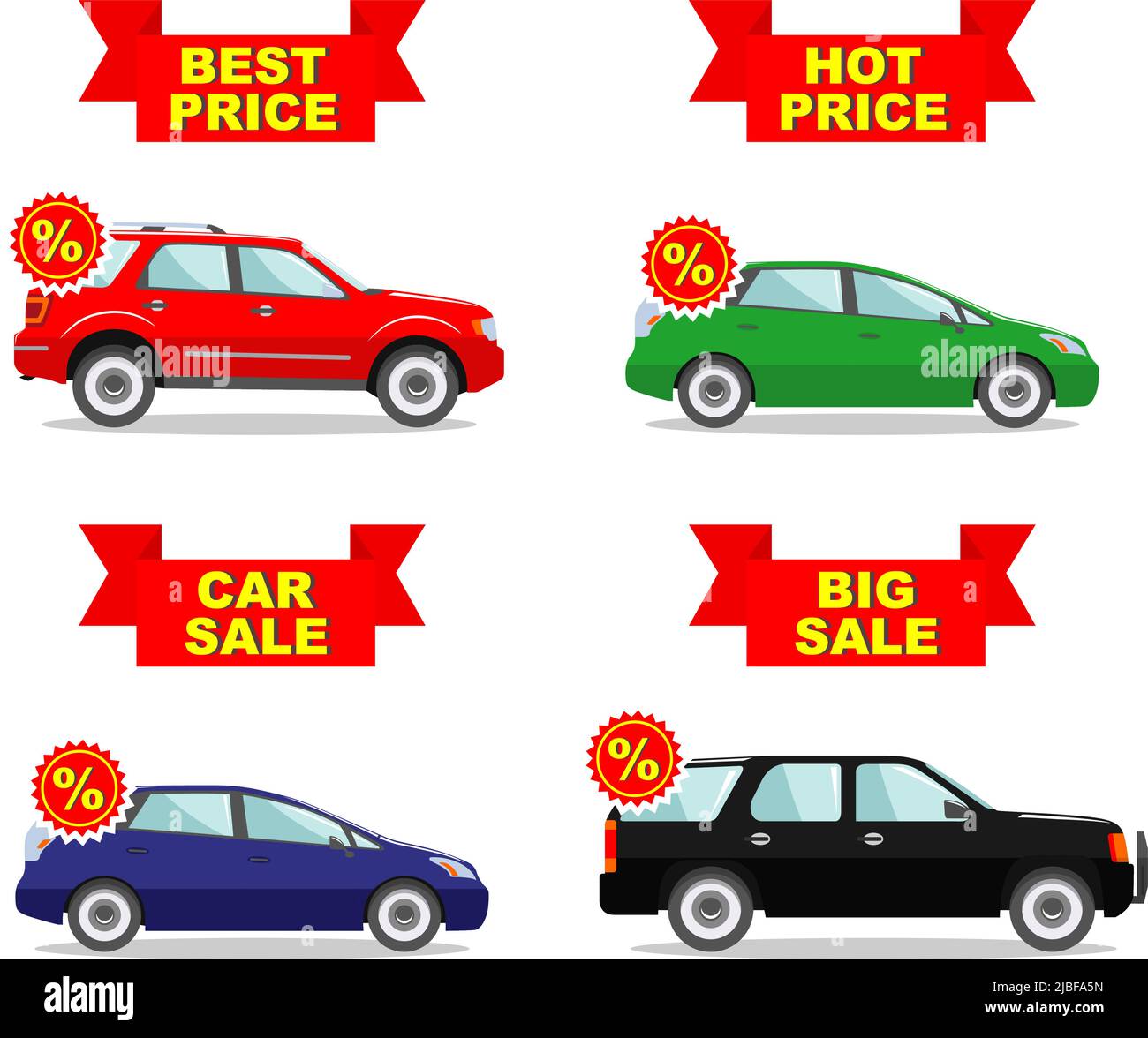 Salle d'exposition de voitures. Grande vente. Prix très intéressant. Meilleur prix. Ensemble d'icônes de réduction pour les voitures. Automobile de classe affaires colorée isolée sur fond blanc dans plat Illustration de Vecteur