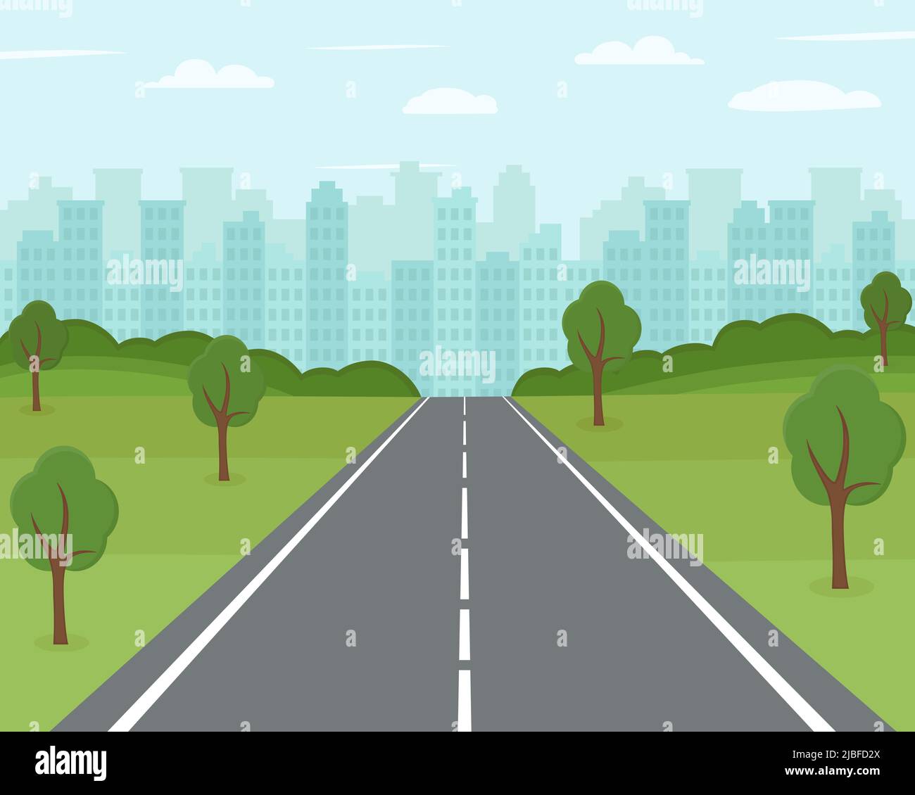 Route vers la ville. Route vide avec paysage urbain à l'horizon. Illustration vectorielle Illustration de Vecteur