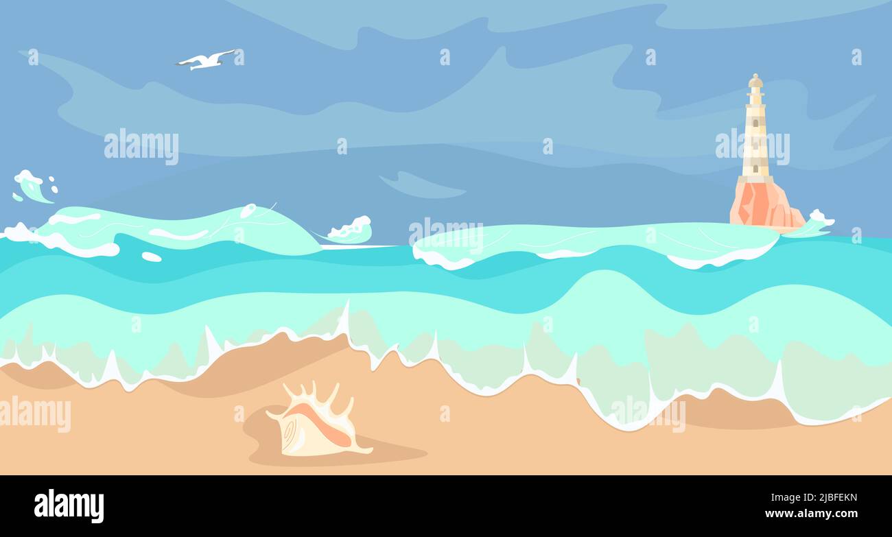 Bannière horizontale de paysage marin abstrait avec tempête sur la mer et phare Illustration de Vecteur