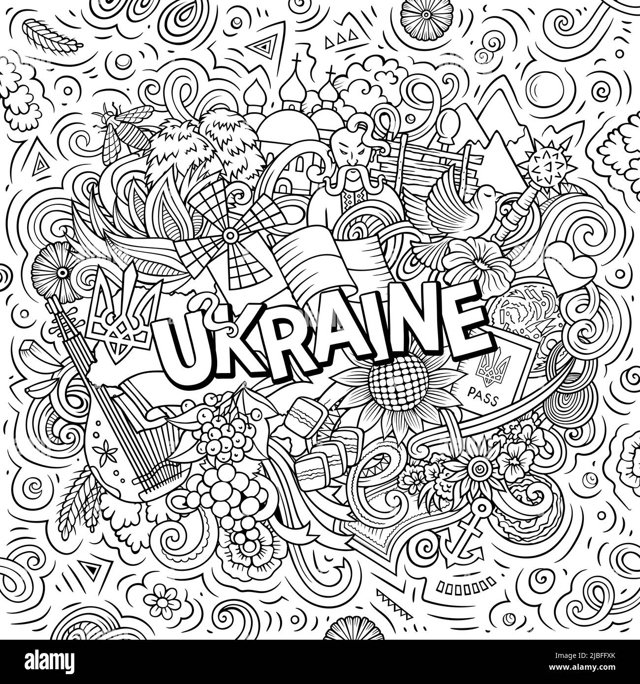 Ukraine dessin main dessin dessin dessin animé Doodle illustration. Drôle de design ukrainien. Arrière-plan vectoriel créatif. Texte manuscrit avec éléments de pays européens a Illustration de Vecteur