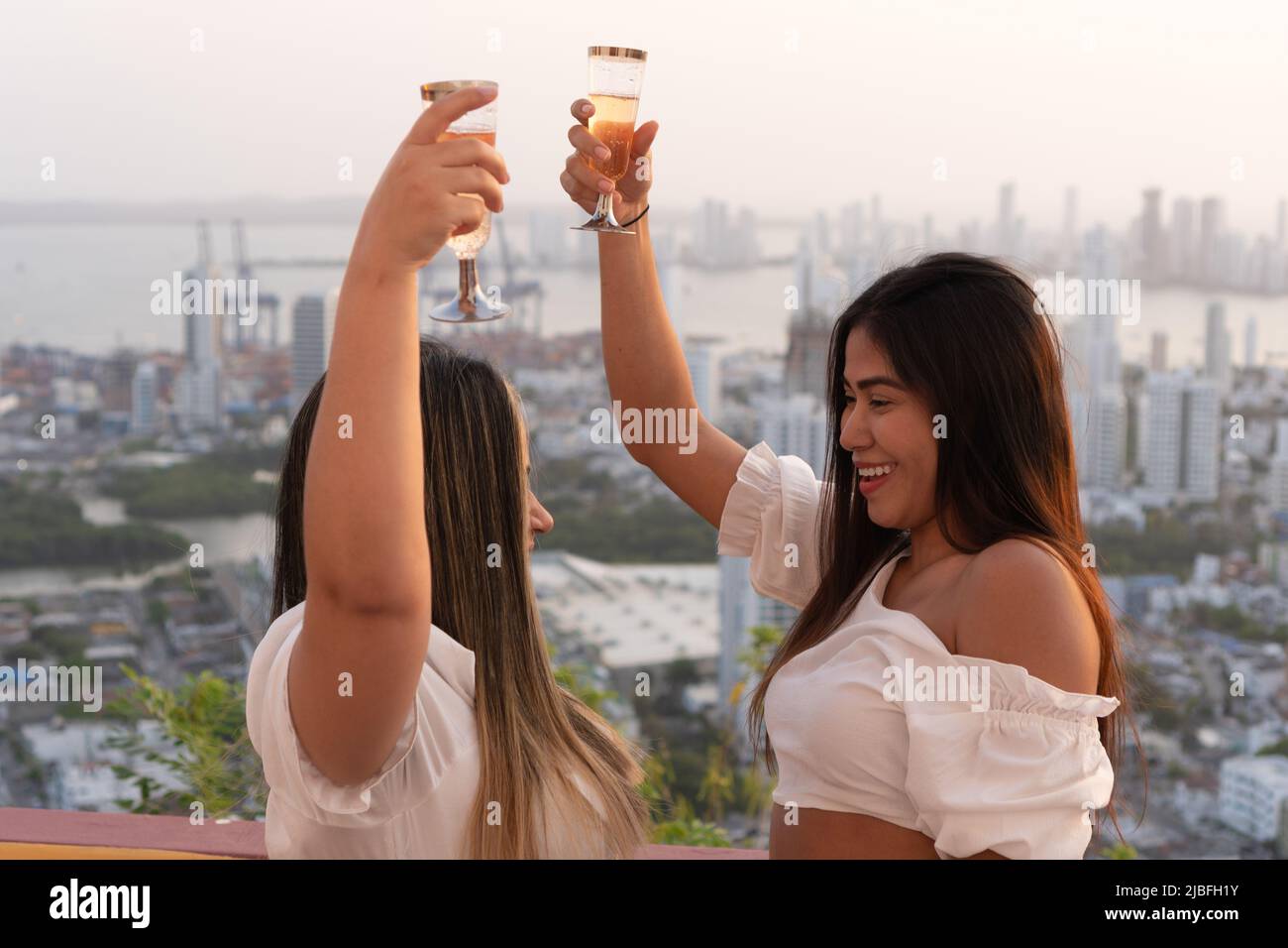 Deux amis en plein air, avec leurs verres de vin Banque D'Images