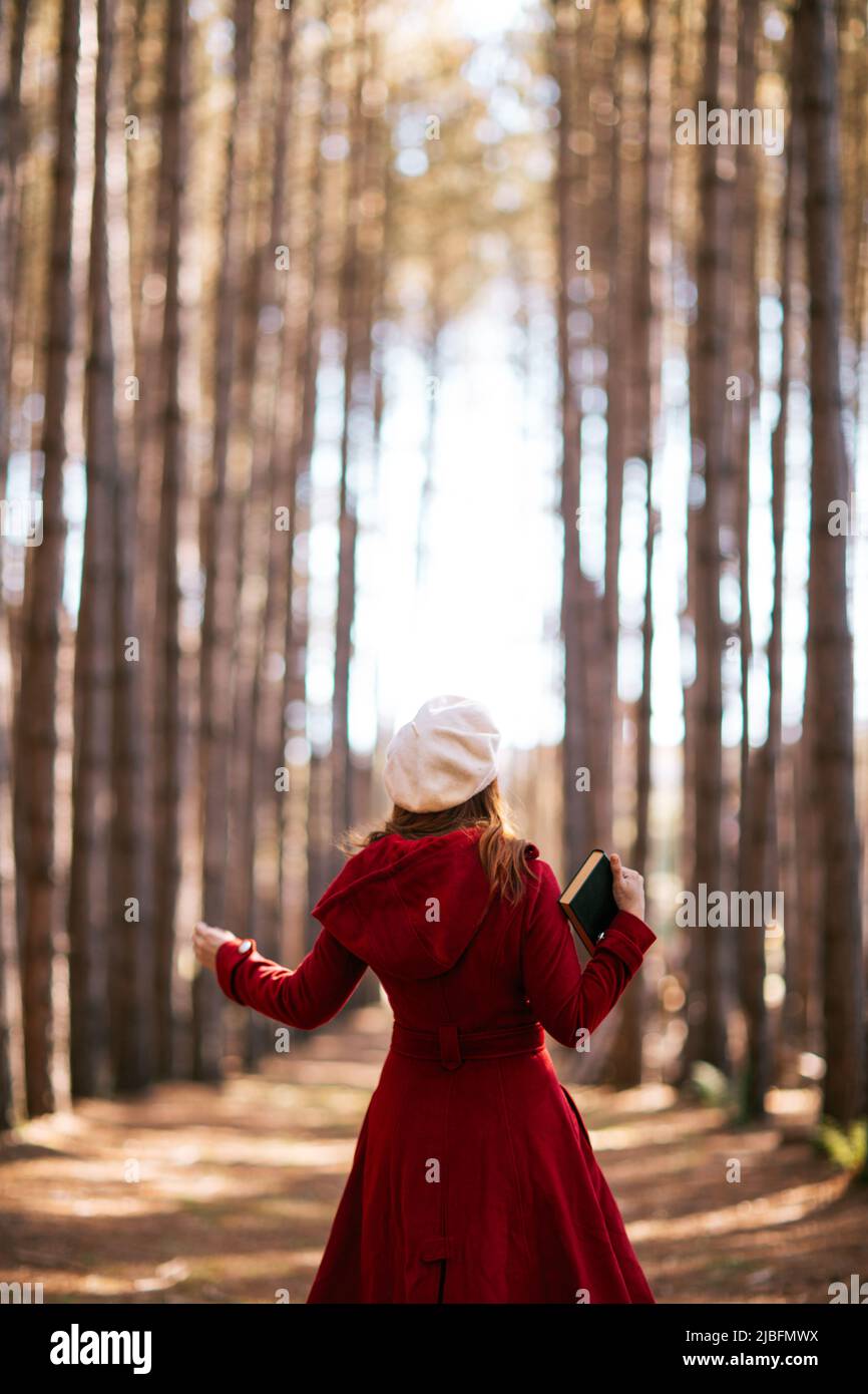 Vue arrière d'une femme à tête rouge non reconnaissable avec vêtements d'extérieur et chapeau de béret debout tenant le livre dans les bois à l'automne Banque D'Images