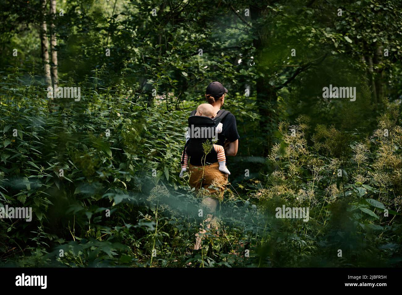 Femme marchant dans la forêt avec sa fille dans un porte-bébé Banque D'Images