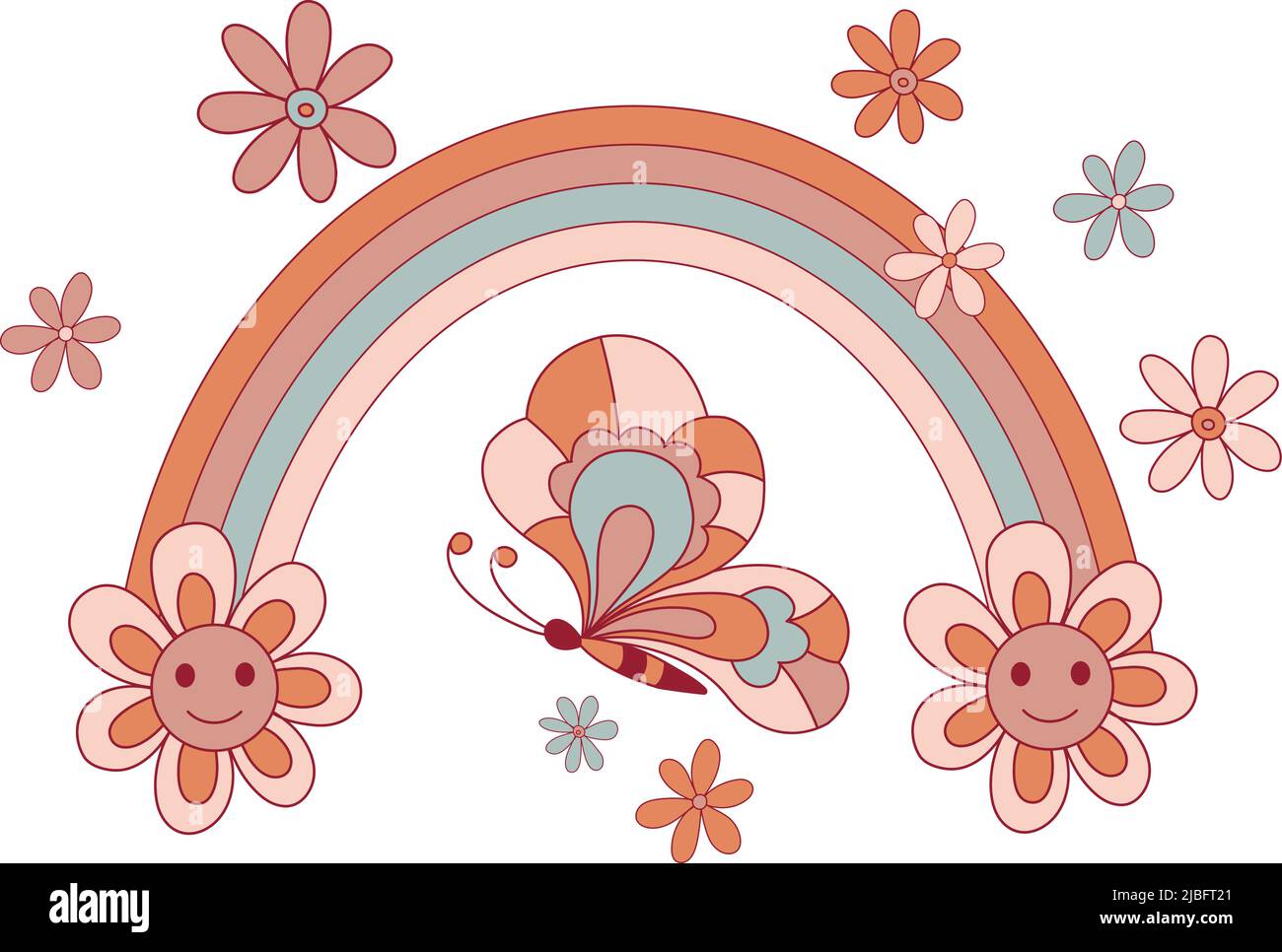 Rétro 70s 60s hippie Groovy Fleur arc-en-ciel fleuri Daisy Happy Smile visage illustration vectorielle isolée sur blanc. Développer des pensées positives bonne vibes pharase. Imprimé fleuri style été boho. Illustration de Vecteur