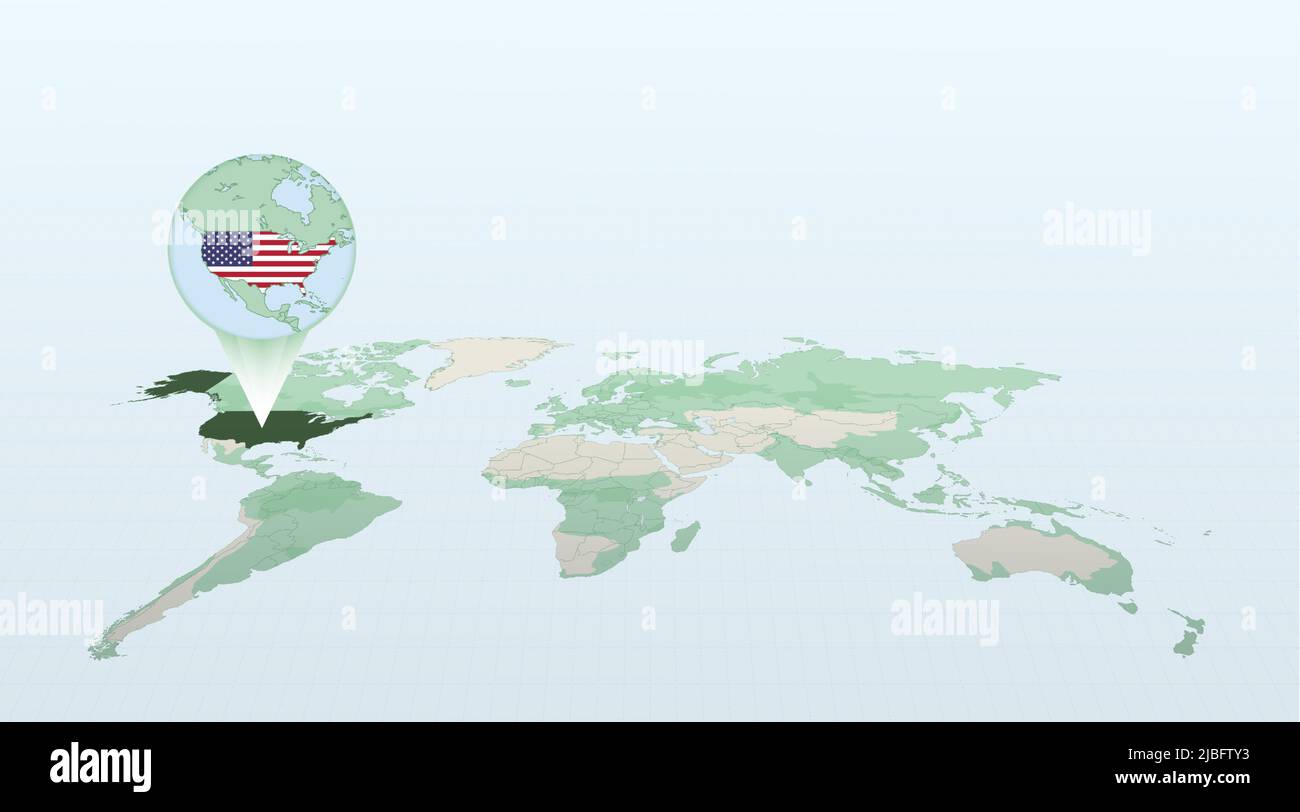 Carte du monde en perspective montrant l'emplacement du pays USA avec carte détaillée avec drapeau des Etats-Unis. Illustration vectorielle. Illustration de Vecteur
