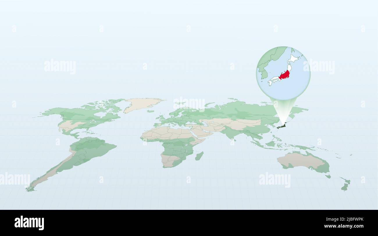 Carte du monde en perspective montrant l'emplacement du pays Japon avec carte détaillée avec drapeau du Japon. Illustration vectorielle. Illustration de Vecteur