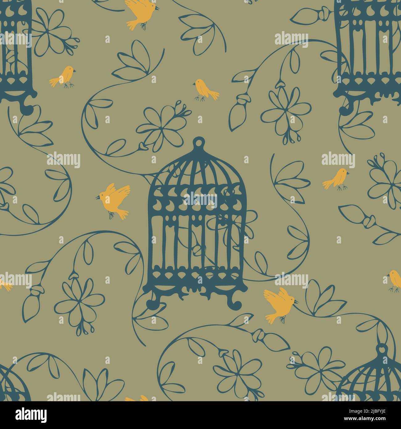 Motif vectoriel sans couture avec oiseaux jaunes et cage à oiseaux sur fond gris. Papier peint romantique avec jardin d'époque. Textile de mode victorien. Illustration de Vecteur