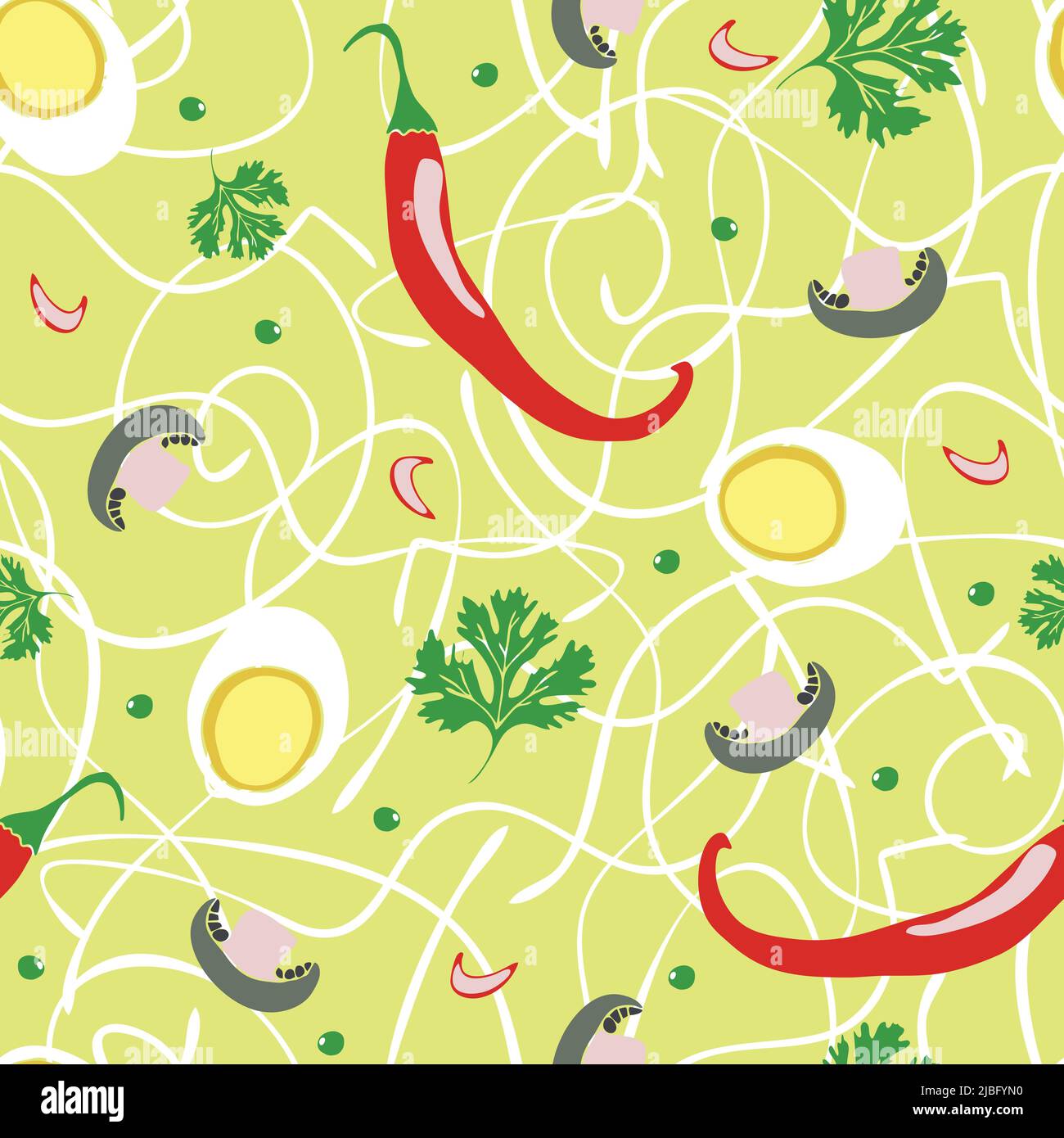 Soupe de nouilles à motif vectoriel sans couture avec piments chauds sur fond jaune. Design coréen de papier peint pour aliments santé. Illustration de Vecteur