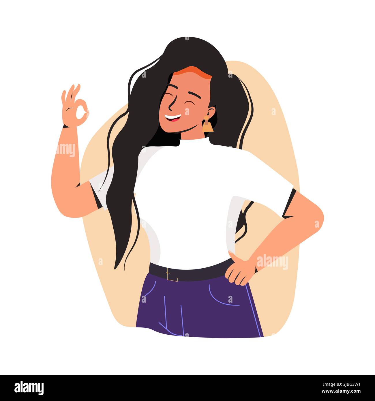 Emotions positives, concept de langage de signe et de geste ok. Jeune femme positive personnage de dessin animé montrant d'accord bon signe de succès avec les doigts. Illustration vectorielle plate colorée isolée sur blanc... Illustration de Vecteur