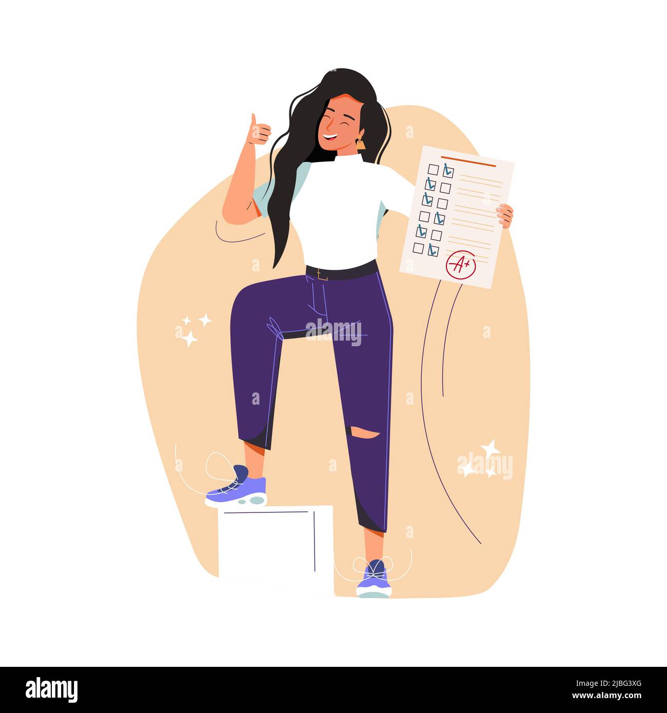 Éducation, étude, enfance, concept de nouveau niveau. Jeune heureux gai souriant jeune fille élève personnage debout avec des résultats d'examen montrant des pouces vers le haut. Réalisation d'objectifs réussie et retour à l'école. Illustration de Vecteur
