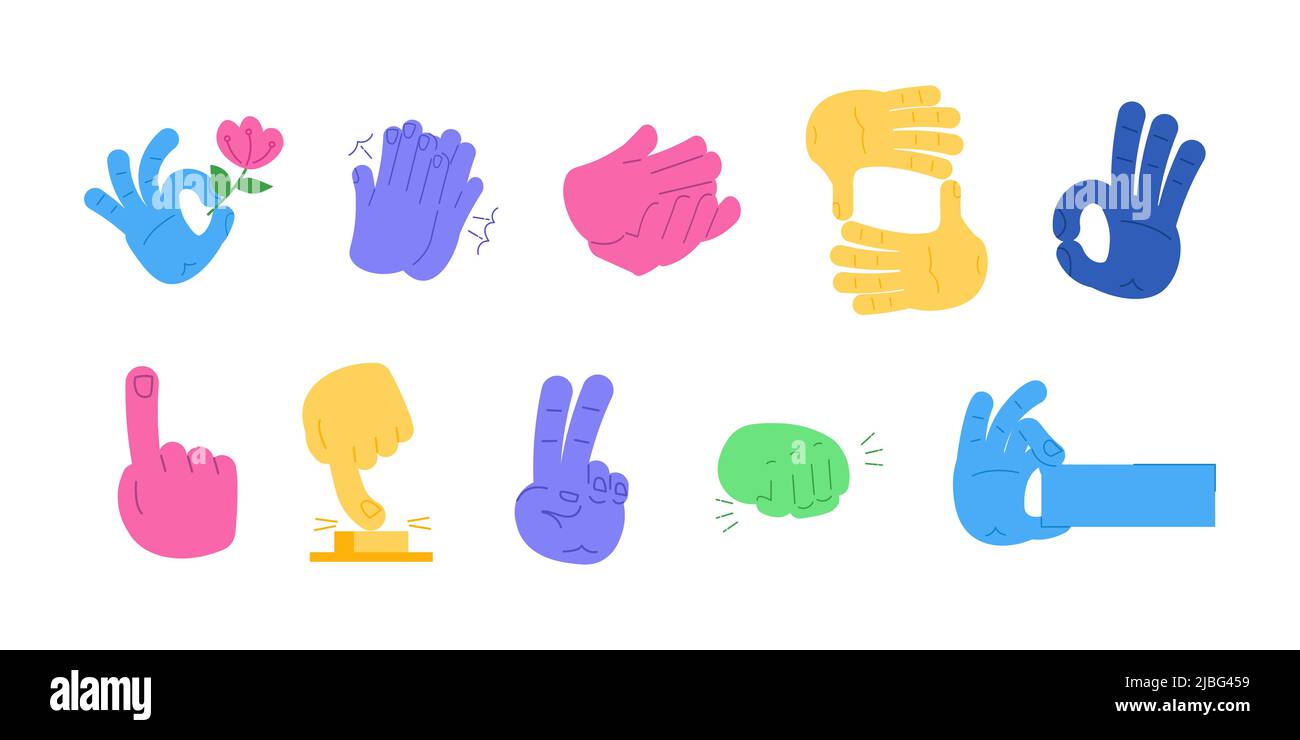 Ensemble de mains et de gestes colorés, signes montrant par la paume et les doigts. Expression émotionnelle, langage corporel. Illustration vectorielle graphique plate colorée isolée sur blanc. Mains tenant différents objets... Illustration de Vecteur