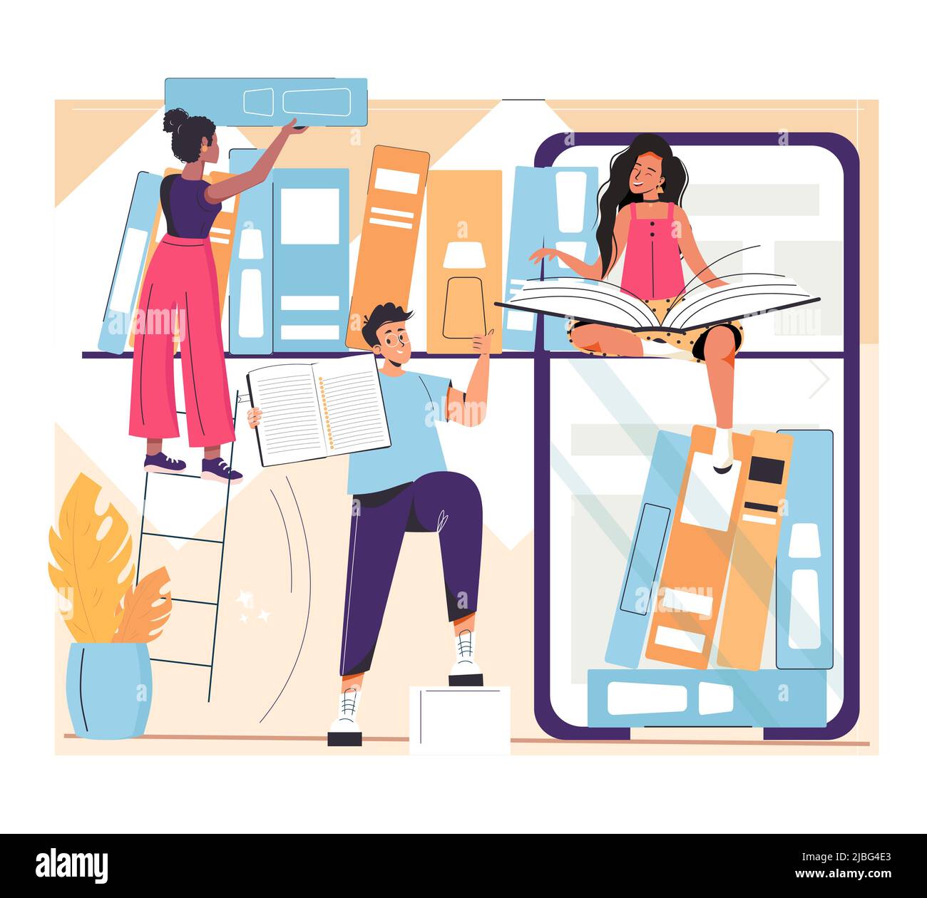 Des personnes variées lisant et choisissent des livres dans une bibliothèque mobile. Les étudiants lisant ou étudiant et se préparant à l'examen. Application de formation numérique en ligne. Illustration vectorielle plate. Illustration de Vecteur