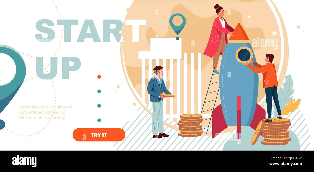 Esprit d'entreprise, travail d'équipe, soutien financier, investissement, concept de franchise page d'accueil. Les gens construisent une fusée de vaisseau spatial. Illustration Enterprise System, Business startup, Venture Vector. Illustration de Vecteur