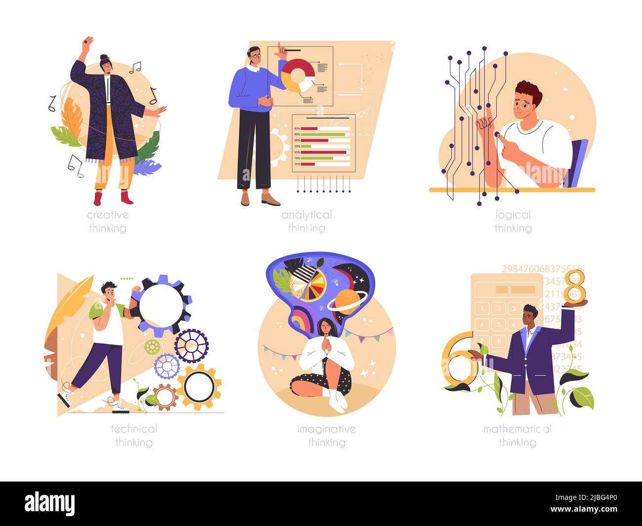 Ensemble de personnes avec différents types d'état d'esprit mental ou modèles de pensée créative, imaginative, logique et structurelle. Comportement mental, concept de types de personnes MBTI. Illustration vectorielle plate isolée par couleur. Illustration de Vecteur