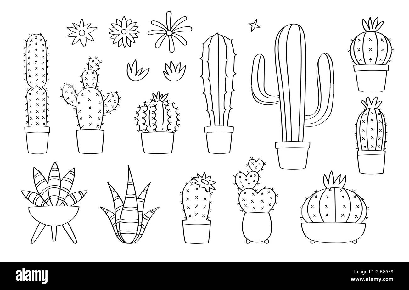 Mignon Doodle plantes cactus icônes et objets de dessin animé. Illustration de Vecteur