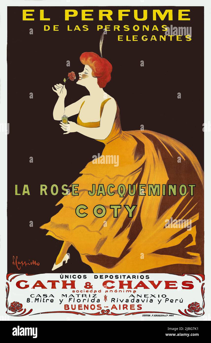 Un tournant du 20th siècle affiche publicitaire par Leonetto Cappiello (1875-1942), illustrant une femme qui sent une rose, la publicité est pour la Rose Jacqueminot de Coty, un parfum pour les femmes lancé en 1906 Banque D'Images