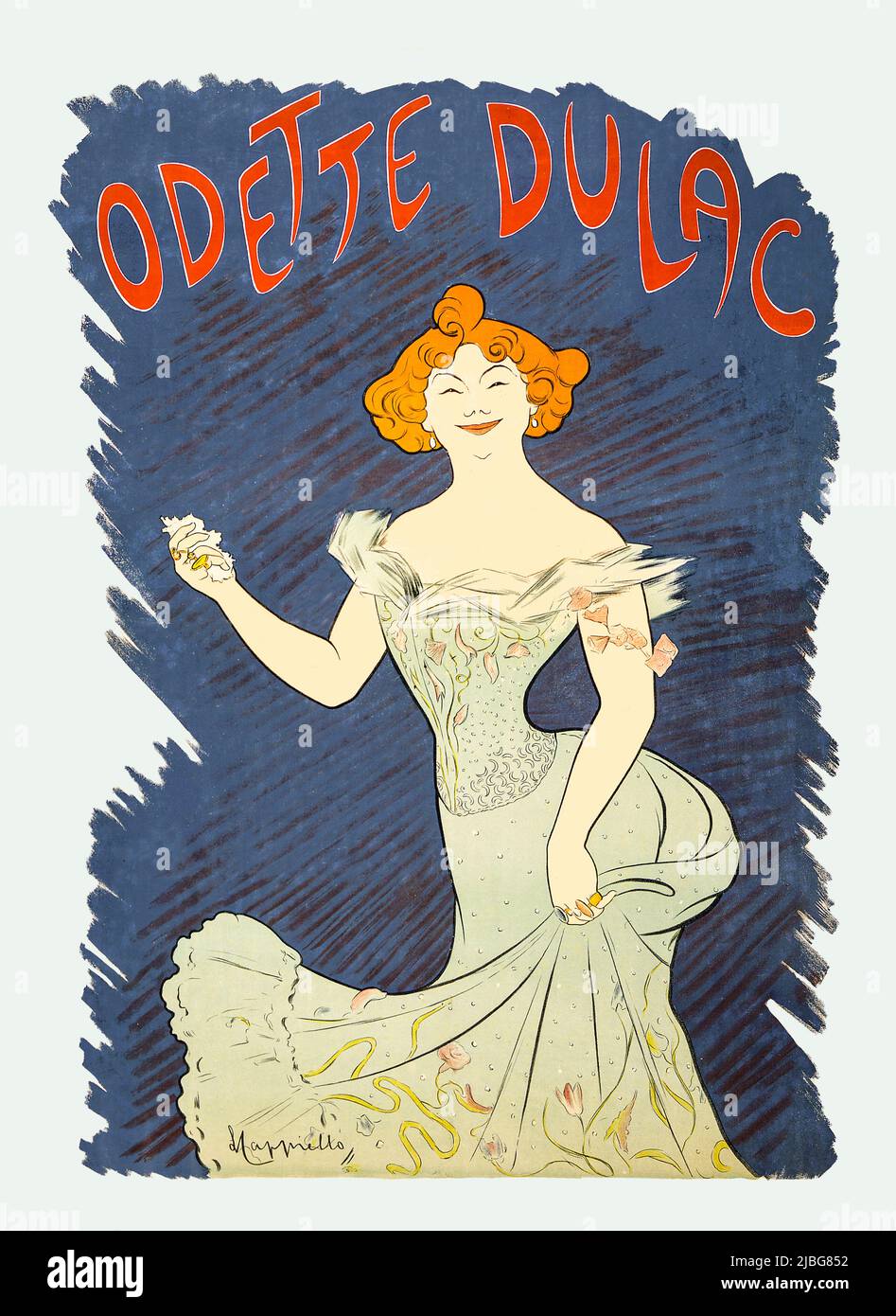 Une affiche du tournant du 20th siècle de Leonetto Cappiello (1875-1942), avec Odette Dulac (1865-1939), actrice, chanteuse, militante féministe et romancière française, devenue membre de la Ligue des droits de femme (Ligue des droits de la femme). Banque D'Images