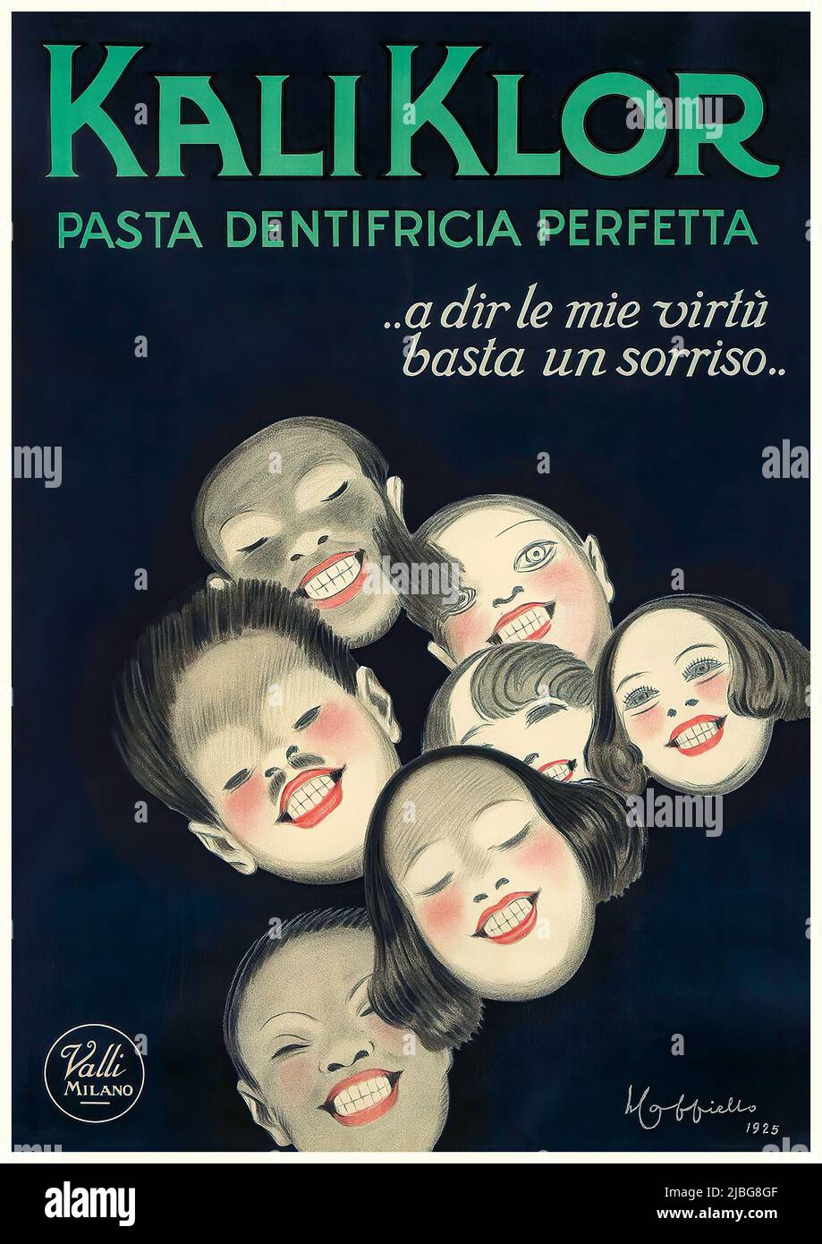 Un tournant du 20th siècle affiche publicitaire italienne par Leonetto Cappiello (1875-1942), avec sept enfants souriants avec de belles dents blanches favorisant le dentifrice Kali Klor Banque D'Images