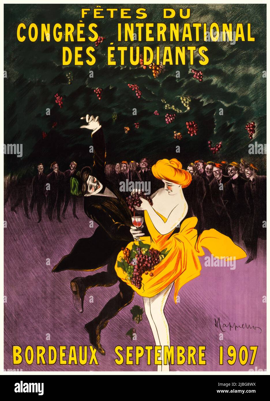 Un tournant du 20th siècle, affiche publicitaire française de Leonetto Cappiello (1875-1942), pour une fête lors d'un congrès étudiant international à Bordeaux en 1907 montrant une femme pressant des raisins dans un verre de vin pendant que son escorte chante et danse tandis qu'une foule d'hommes regardent. Banque D'Images