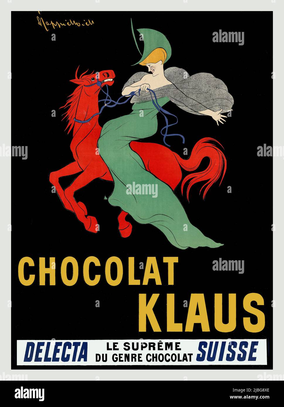 Un tournant du 20th siècle, affiche publicitaire suisse de Leonetto Cappiello (1875-1942), pour Chocolat Klaus dans lequel une femme dans une robe verte est assis à cheval rouge galopant. L'image est restée un logo pour la société suisse de chocolat pendant cinquante ans. Banque D'Images