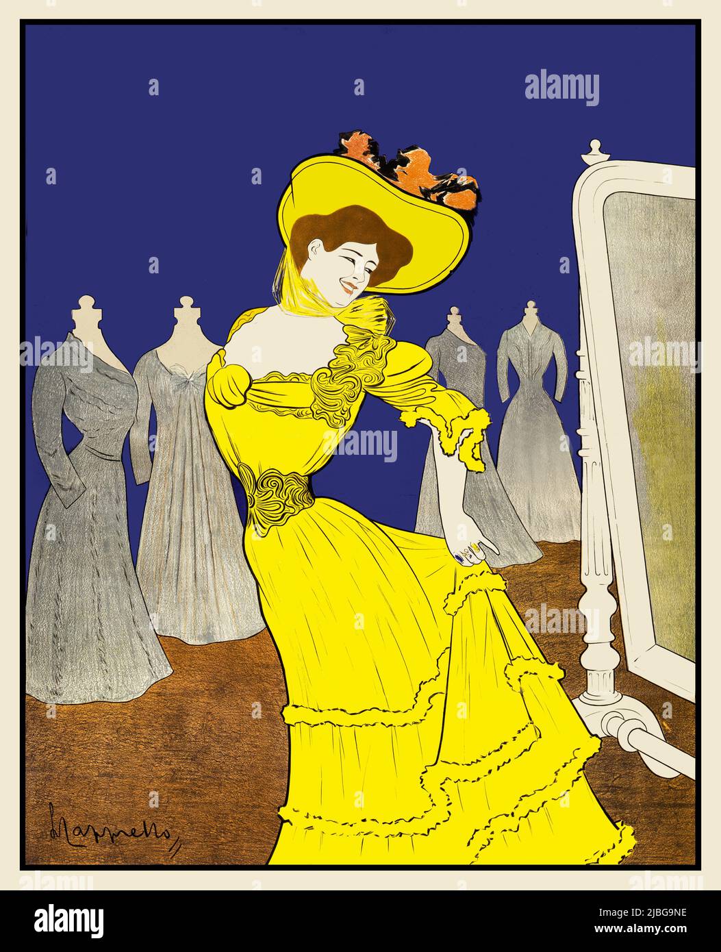 Un tournant du 20th siècle, affiche italienne de Leonetto Cappiello (1875-1942), avec une femme essayant une nouvelle robe. Conçu à l'origine pour E & A Mele, un navire à vêtements pour femmes à Milan, les détails du texte ont été supprimés. L'affiche d'origine avec le texte peut être vu à Alamy image numéro 2JBG9N1 Banque D'Images